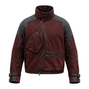 Blouson de moto vintage en jean bordeaux pour homme, style streetwear, avec patchwork en cuir et multiples poches, vêtement d'extérieur pour la conduite - Product Image 1