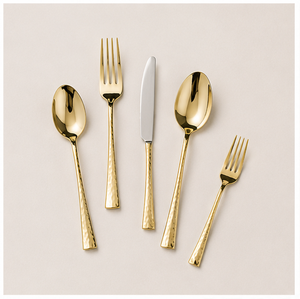 Ensemble de couverts martelés dorés en acier inoxydable, finition miroir plaqué or, pour mariage et repas - Product Image 1