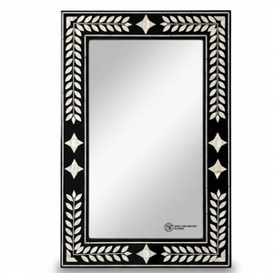 Miroir mural décoratif Art Déco fait main en laurier noir et ivoire avec accents géométriques en étoile pour mariage - Product Image 4