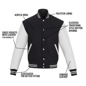 Customised Men's Acrylic Wool Varsity Jacket With Leather Sleeves And Cross Pockets Classic <b>Button</b> Front Design For Autumn Wear - Product Image 2