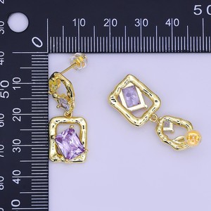 Yellow Purple Baguette Molten Geometric Drop Earrings 925 Sterling <b>Silver</b> 14K Gold Plated Statement Jewelry - Product Image 2