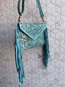 Nuevo diseñador de mano Tooled Fringe bolso de cuero real tallado a mano herramientas Color turquesa Sling Bag Western bolsos elegantes - Product Image 3
