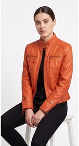 Chaqueta Moto de Cuero Genuino Naranja para Mujer al por Mayor, Cortavientos, Ecológica, Ajustada, con Cuello Mandarín, Cremallera Completa Personalizada, Ligera - Product Image 4