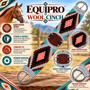 EQUIPRO - Cincha de Cuero y Lana para Caballo con Anillos Metálicos Ajustables, Diseño Geométrico en Marrón, Verde Azulado y Coral - Product Image 2