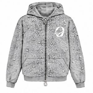 Sudadera con capucha gris claro perlado con cremallera completa, chaqueta de moda urbana con cristales incrustados, sudadera con capucha de manga larga - Product Image 1
