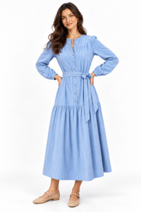 <span class=keywords><strong>Abito</strong></span> casual <span class=keywords><strong>azzurro</strong></span> a maniche lunghe con bottoni, <span class=keywords><strong>abito</strong></span> midi con cintura annodata e orlo plissettato da donna - Product Image 2