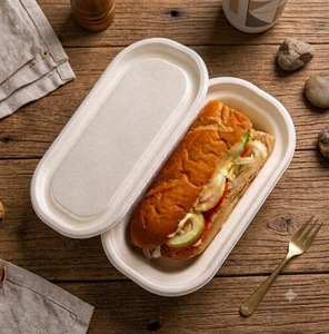 Eco-friendly 500ml oval food <b>container</b> made from bagasse comes with a lid fully compostable <b>microwave</b> safe and disposable. - Product Image 5
