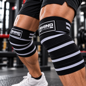 RHINO FITNESS Nylon Knee <b>Wraps</b> Stabilizer Breathable Hook Loop Strap Leg Support Swelling Unisex Black <b>White</b> - Product Image 2