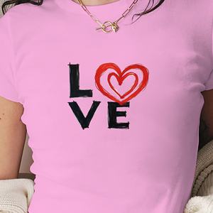 Camiseta corta con cuello redondo estilo Y2K Heart LOVE para mujer, tela de punto de LICRA/poliéster ajustada con patrón impreso - Product Image 2