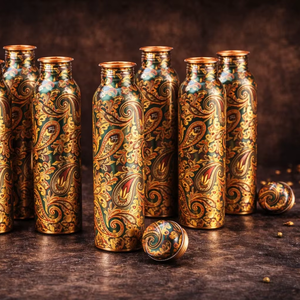 Botella de Agua de Cobre Hecha a Mano con Tapa, Diseño Floral Bohemio, Juego de Bebidas Portátil para Viaje - Product Image 6