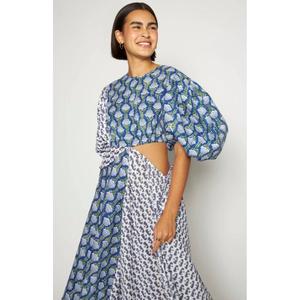 Robe longue moderne de qualité supérieure, motif audacieux bleu, équilibre parfait des couleurs, fente latérale à la taille - Product Image 5