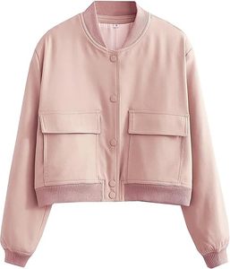 Chaqueta Bomber Rosa Corta con Bolsillos de Parche, Cuello Alto, Manga Larga, Ropa Exterior Informal para Mujer, Abrigo de Color Sólido con Cierre de Botones - Product Image 1