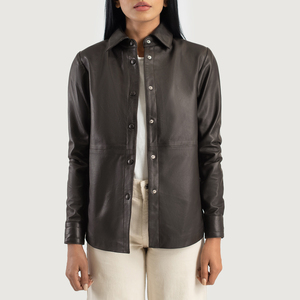 Chaqueta de Cuero Genuino de Alta Calidad para Mujer, Estilo Motero, Manga Larga, Cierre de Botones, Color Marrón Oscuro, Corte Clásico, Ropa Casual para 2026 - Product Image 1