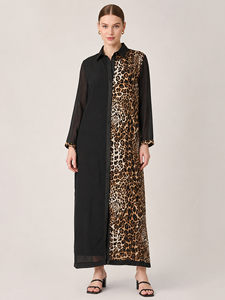 High Quality Comfortable Leopard Animal Print <b>Black</b> Color Western <b>Dress</b> Turn Down Collar Long Sleeve Summer Women's Wear - Product Image 1