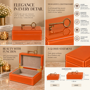 Orange Glass Jewelry Storage Box with <b>Gold</b> Key Handle Glossy Finish Soft Lining Decorative Keepsake and Vanity Organizer - Product Image 6