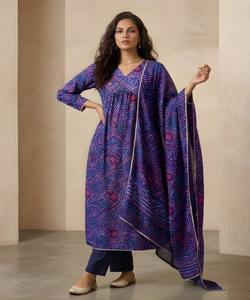 Ensemble haut-bas DELTA BANDHANI imprimé avec dupatta, tenue de fête, prix de gros, vêtement ethnique, coton violet de luxe, séchage rapide - Product Image 1