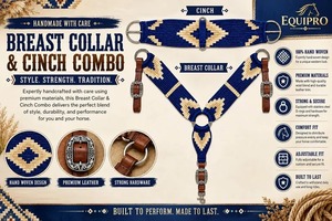 EQUIPO: Conjunto de Cinturón y Pechera para Caballo de Cuero Tejido Azul Marino y Lana con Hebillas Concho con Patrón Geométrico Color Bronceado, Hecho en India - Product Image 2