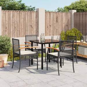 Set da pranzo da 5 pezzi in Poly Rattan nero con cuscini mobili da esterno - Product Image 1
