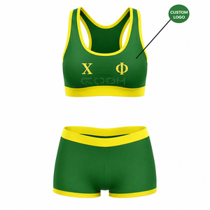 ชุดโยคะ 2 ชิ้น ปักลายสีเขียวเหลือง ของ Cosh International Sisterhood Sorority เสื้อครอปแบบ Racerback กางเกงขาสั้นเอวสูง ตัดสี - Product Image 5