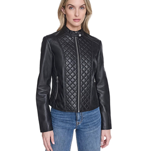 Blouson bomber classique pour femme en cuir véritable, coupe ajustée, fermeture éclair, noir, logo personnalisé, prix d'usine, vente en gros - Product Image 1