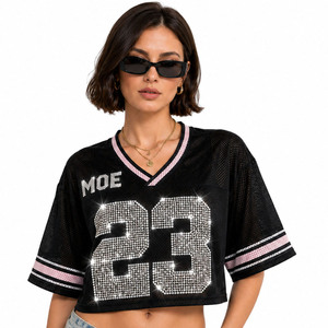 Custom Printed Sports Fashion Black Crop <b>Top</b> American Football Jersey Trending <b>Rhinestone</b> Crystal Loose Fit Women Teamwear Tee - Product Image 5