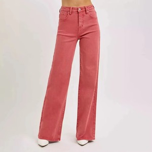 Jean en denim rose taille haute à jambe large, en coton, couleur unie, coupe droite, délavage clair, respirant, imperméable, style automne - Product Image 1