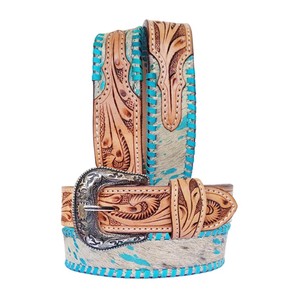 Cinturón Reversible de Cuero Vacuno con Patrón Geométrico de Cuentas y Hebilla Plateada Estilo Western, Cuero Pintado de Estilo Étnico - Product Image 4