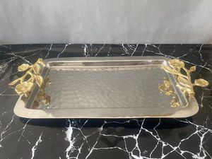 Plateau de service de luxe bicolore en acier inoxydable avec bordure dorée, plateau à café et thé en métal avec poignées gravées pour la décoration intérieure - Product Image 2