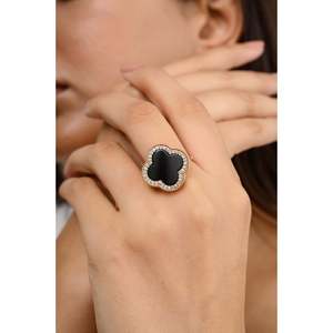 14K Gold Plated Black Onyx Zircon Clover Statement Ring-Gift - Product Image 4