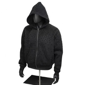 Sweat-shirts à capuche surdimensionnés pour hommes, de haute qualité, personnalisés, avec strass, à fermeture éclair, épaules tombantes, strass thermocollés pour hommes - Product Image 1