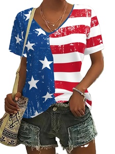 <b>Women's</b> Casual <b>Patriotic</b> American Flag Star Print T-Shirt Red White & Blue Round Neck Short Sleeve Summer <b>Top</b> Bangladesh - Product Image 5
