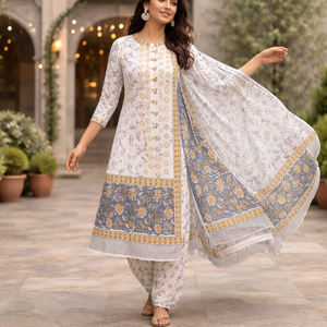 Traje Punjabi Blanco para Mujer |   Conjunto de Kurti y Pijama con Estampado Floral Indio Hecho a Mano con Borde |   Vestido Sarong de Algodón, Obra Maestra - Product Image 5