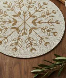 <b>SET</b> OF 2 Elegant Gold & <b>Cream</b> <b>Hand</b>-Beaded Floral Round Placemat - 14" Table Decor - Product Image 1