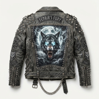 Blouson de motard en cuir gris vieilli pour homme, avec patch brodé motif loup et clous lourds, style punk rock, vêtement d'extérieur moto hiver 480g