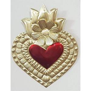 Arte Mural de Corazón Sagrado Plateado con Detalles Florales, Borde Festoneado con Cuentas, Placa de Corazón Flameante, Arte Folclórico Mexicano - Product Image 2