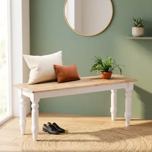 Banco de Madera Maciza con Asiento de Madera Natural y Patas Talladas Pintadas de Blanco, Estilo Rústico, Banco de Entrada de Madera para Sala de Estar - Product Image 4