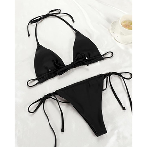 Ensemble de bikini taille haute, effet ventre plat, push-up, froncé, col halter, coussinets amovibles, bas à nouer sur le côté, coupe brésilienne, grande taille - Product Image 3
