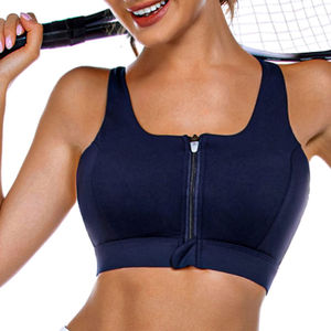 High Quality Custom Women's Navy <b>Blue</b> Sports <b>Bra</b> Racerback Zip Front High Support Yoga Workout Top - Product Image 4