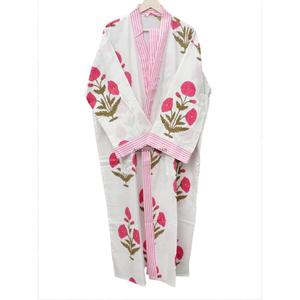 Robe Kimono Longue en Coton Écologique 100% pour Femme, Motif Floral sur le Devant, Col en V, Manches Longues, Vêtement de Nuit Décontracté, Peignoir Blanc Rose - Product Image 4