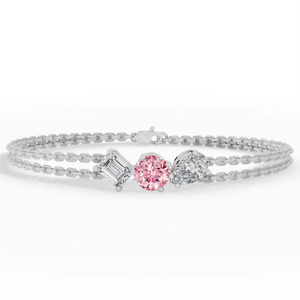 Dainty Multi Shape Pink and White Stone Double Chain Diamond <b>Silver</b> <b>Bracelet</b> for Women Emerald Round Pear Cut Triple Jewelry - Product Image 1
