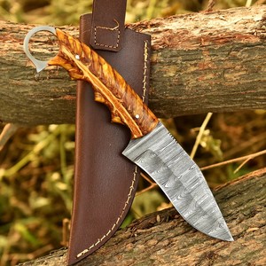 Hand Forged Damascus Steel Skinner Knife Pine Cone Handle Full Tang Fixed Blade Finger Ring Knife with <b>Leather</b> Sheath Custom OEM - Product Image 1