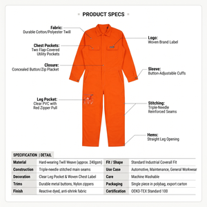 Combinaison de travail orange personnalisée pour homme, à manches longues, pour mécanicien industriel, avec poche transparente sur la cuisse, OEM - Product Image 5