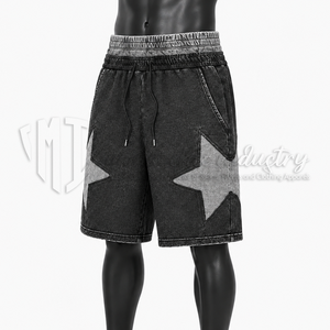 Shorts en jean cargo noirs pour hommes, coupe ample, longueur genou, avec détails de panneaux contrastants, taille élastique et cordon de serrage, style streetwear - Product Image 3