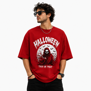 Wholesale Men's Halloween T Shirt Red Oversized Cotton Tee Grim Reaper Skull Pumpkin Bat Graphic Print Short Sleeve Gothic Shirt - Product Image 1