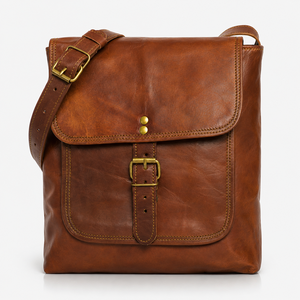 Sac bandoulière vintage en cuir marron avec poche avant, boucle en laiton, sangle réglable, pour le bureau, les voyages, l'université, l'usage quotidien - Product Image 3