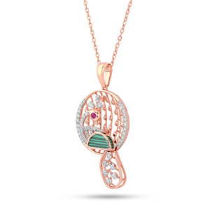 Collier avec pendentif en plumes de paon, malachite et pierres de rubis, serti de diamants - Product Image 2