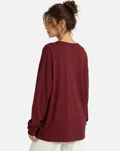 T-shirt surdimensionné à col en V et manches longues pour femme, grande taille, 100 % coton tricoté, avec logo frontal et épaules tombantes - Product Image 5