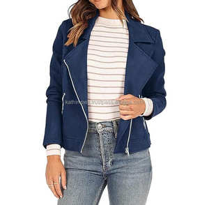 Vestes pour femmes en daim de Style motard bleu avec fermeture à glissière asymétrique col à revers manches longues recadrée Moto Fit Look Vintage moderne - Product Image 4