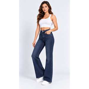 Jeans RavTin International pour femme, taille haute, avec logo, coupe large, en denim de coton, longueur intégrale, avec empiècement ovale au genou - Product Image 2