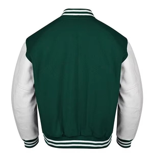 High Quality <b>Men's</b> Green <b>White</b> Varsity <b>Jacket</b> Preppy Style Zipper Closure Regular Fit Autumn Wear Solid Color Turn-down Collar - Product Image 2